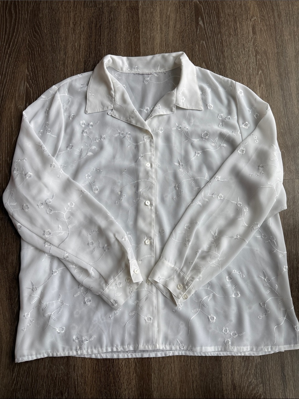 White Embroidered Sheer Button Front Blouse